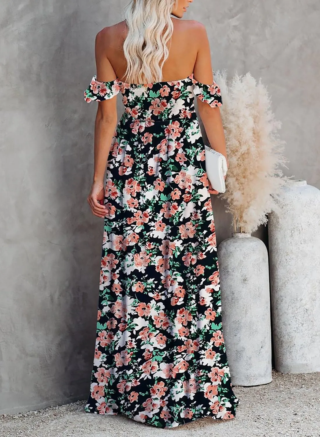 MERMAID'S CLOSET Women's Summer Smocked Off The Shoulder Maxi Dress Boho Casual Ruffle Flowy Long Beach Vacation Sundress