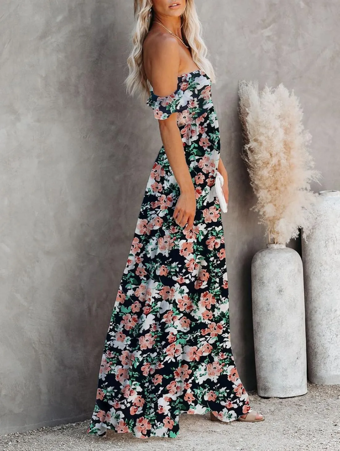 MERMAID'S CLOSET Women's Summer Smocked Off The Shoulder Maxi Dress Boho Casual Ruffle Flowy Long Beach Vacation Sundress