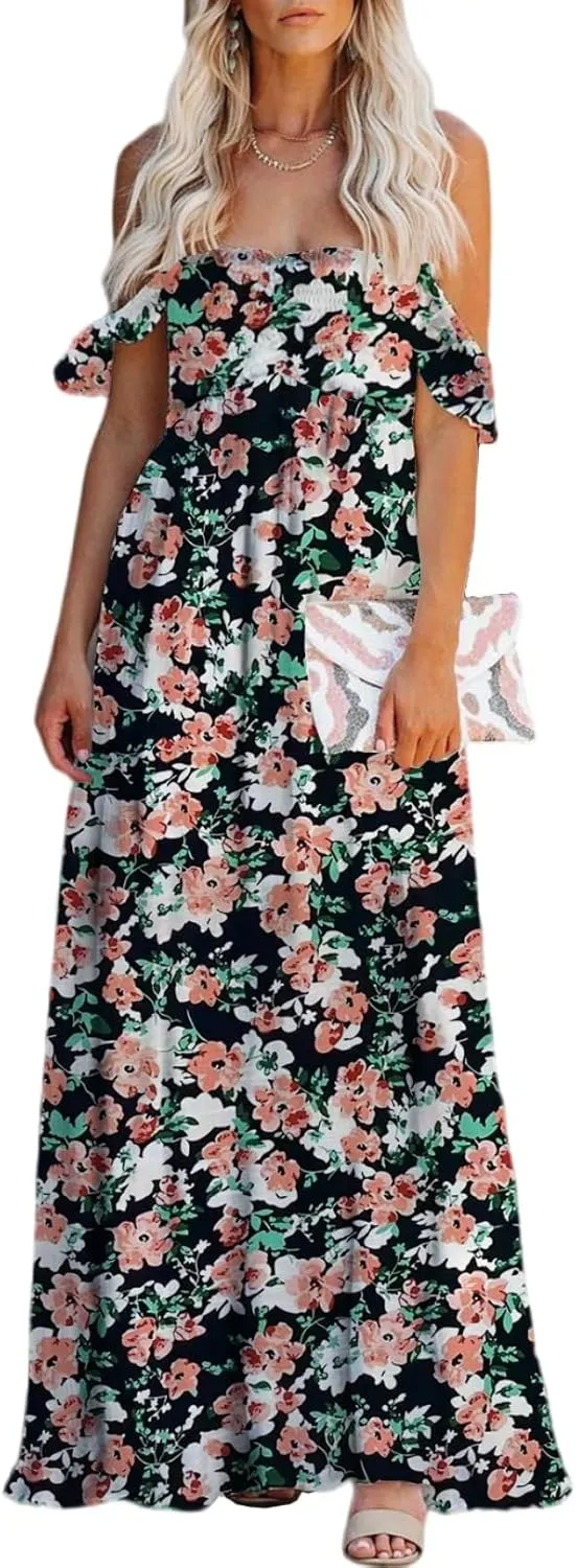 MERMAID'S CLOSET Women's Summer Smocked Off The Shoulder Maxi Dress Boho Casual Ruffle Flowy Long Beach Vacation Sundress