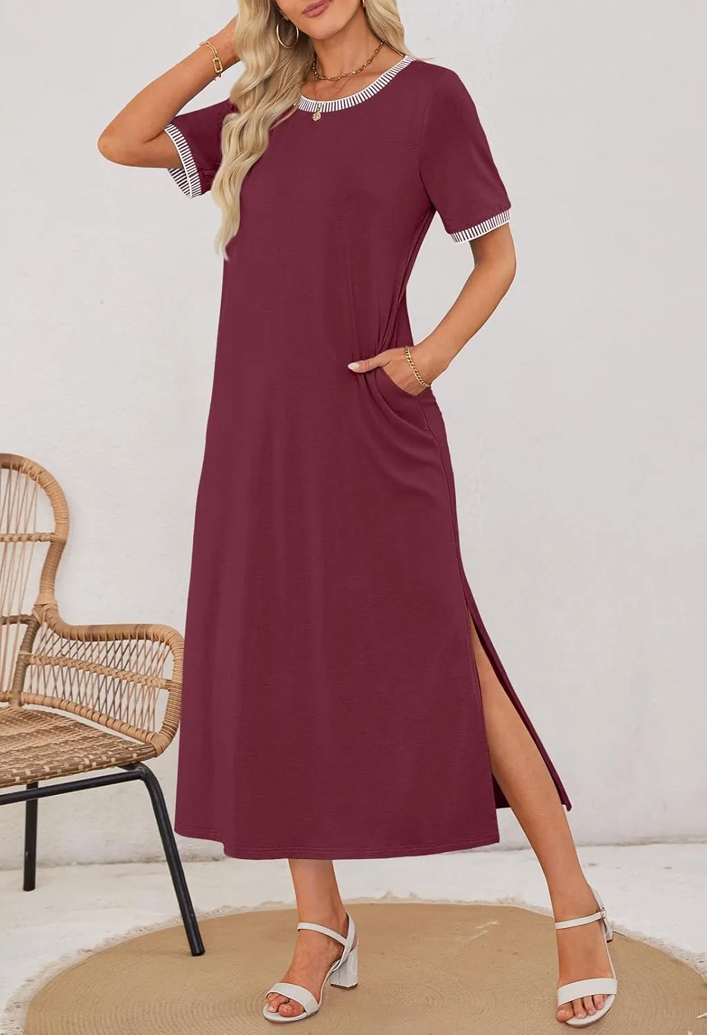 MEROKEETY Women's 2025 Summer Casual Maxi Dress Spring Beach Vacation Short Sleeve Crewneck Split Midi T Shirt Dresses
