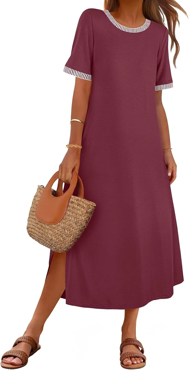 MEROKEETY Women's 2025 Summer Casual Maxi Dress Spring Beach Vacation Short Sleeve Crewneck Split Midi T Shirt Dresses