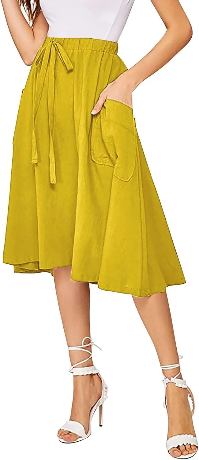 Midi Skirt for Women Women's Casual High Waist Pleated A Line Midi Skirt with Pocket Women Skirts Midi Length