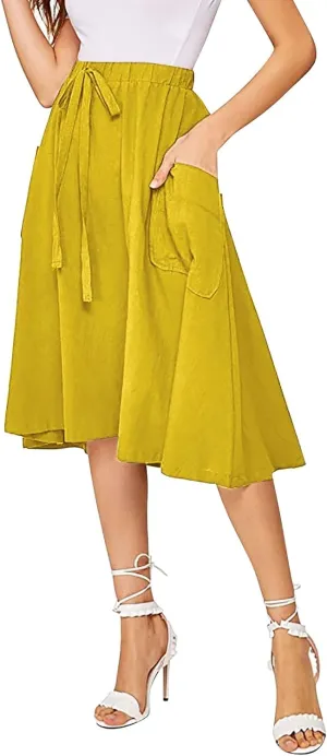 Midi Skirt for Women Women's Casual High Waist Pleated A Line Midi Skirt with Pocket Women Skirts Midi Length