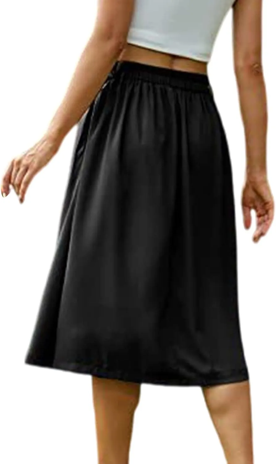 Midi Skirts for Women Spring Fall Button A-Line Skirt Casual Plain Pleated Long Skirts Ruffle Flowy Midi Skirt