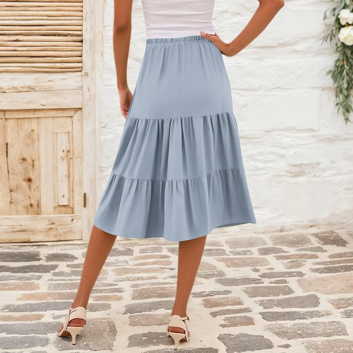 Midi Skirts for Women Summer High Elastic Waist Tiered Pleated Boho Floral Flowy A Line Skirt Beach Vacation Clothes