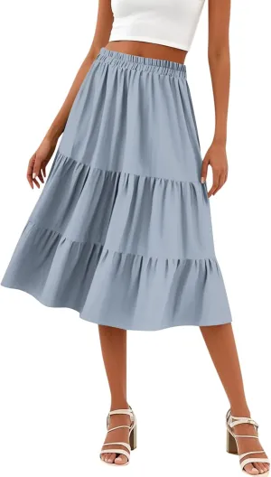 Midi Skirts for Women Summer High Elastic Waist Tiered Pleated Boho Floral Flowy A Line Skirt Beach Vacation Clothes