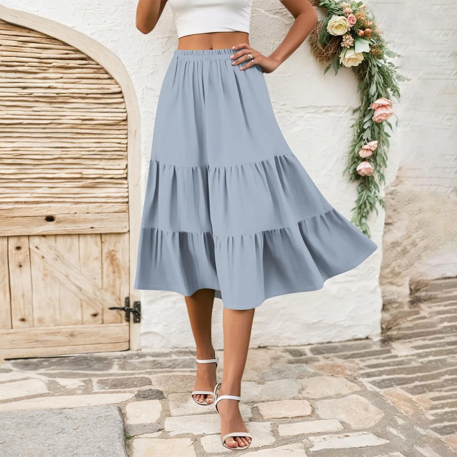 Midi Skirts for Women Summer High Elastic Waist Tiered Pleated Boho Floral Flowy A Line Skirt Beach Vacation Clothes