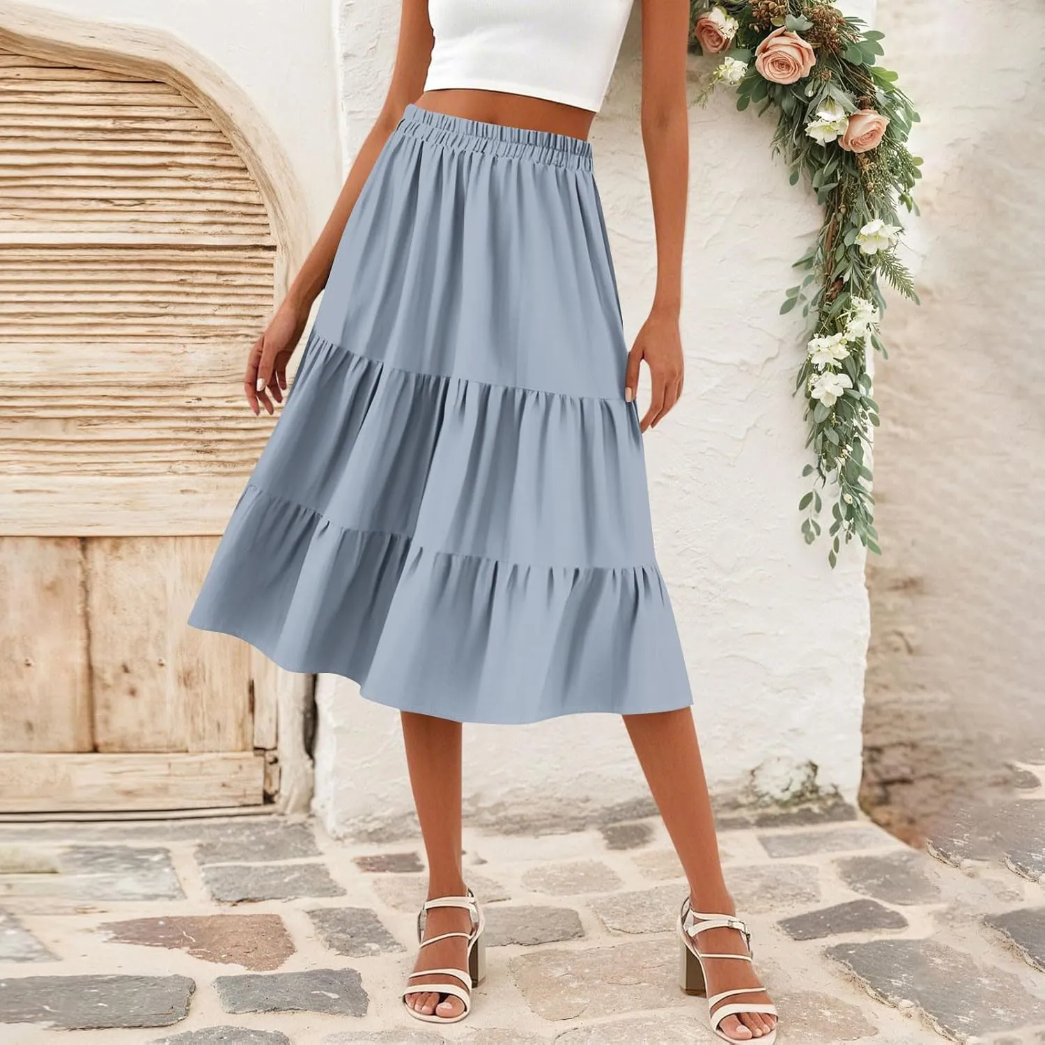 Midi Skirts for Women Summer High Elastic Waist Tiered Pleated Boho Floral Flowy A Line Skirt Beach Vacation Clothes