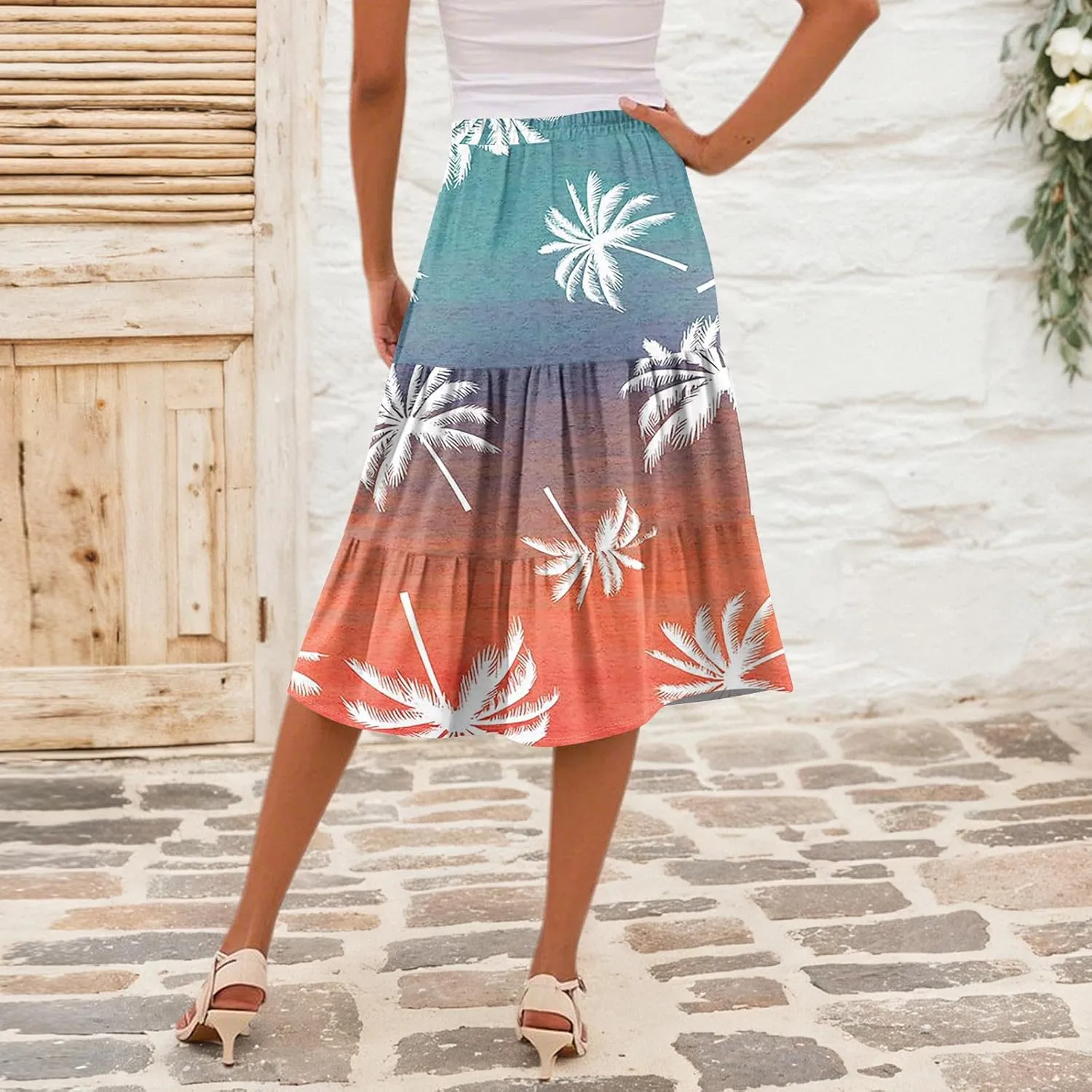 midi Tiered Floral Skirts for Women Trendy Boho high Elastic Waist Long Ruffle Flowy a line Skirts Vacation Skort