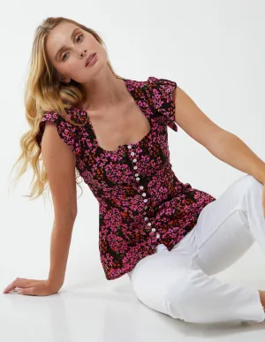 Milkmaid Button Front Floral Peplum Top