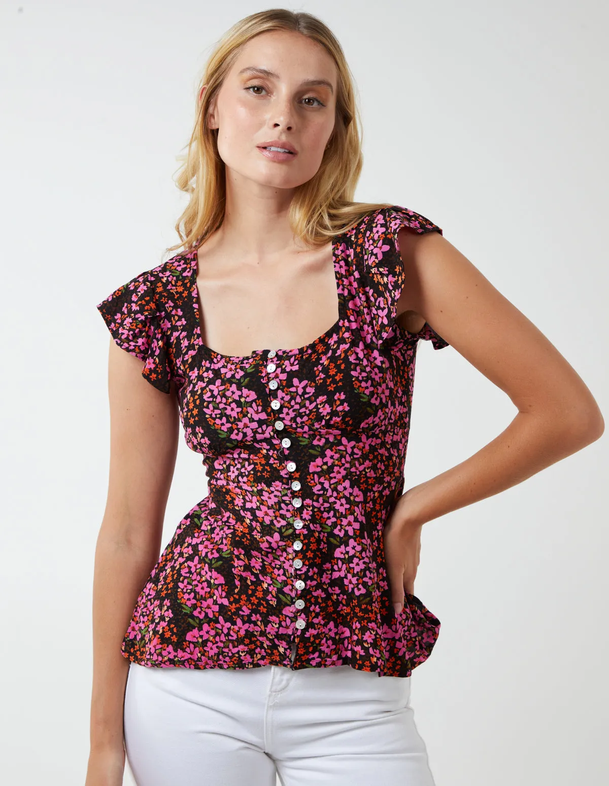 Milkmaid Button Front Floral Peplum Top