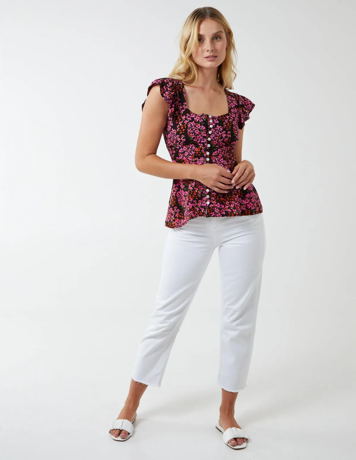 Milkmaid Button Front Floral Peplum Top