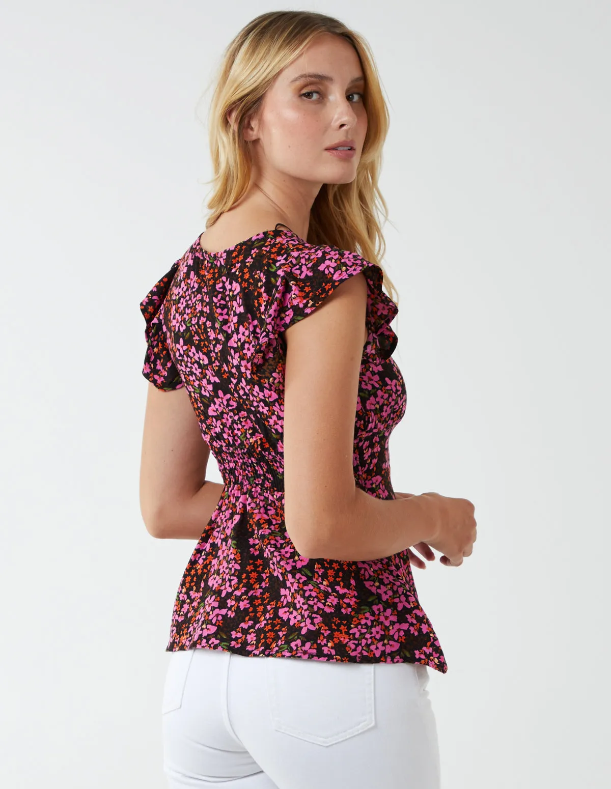 Milkmaid Button Front Floral Peplum Top