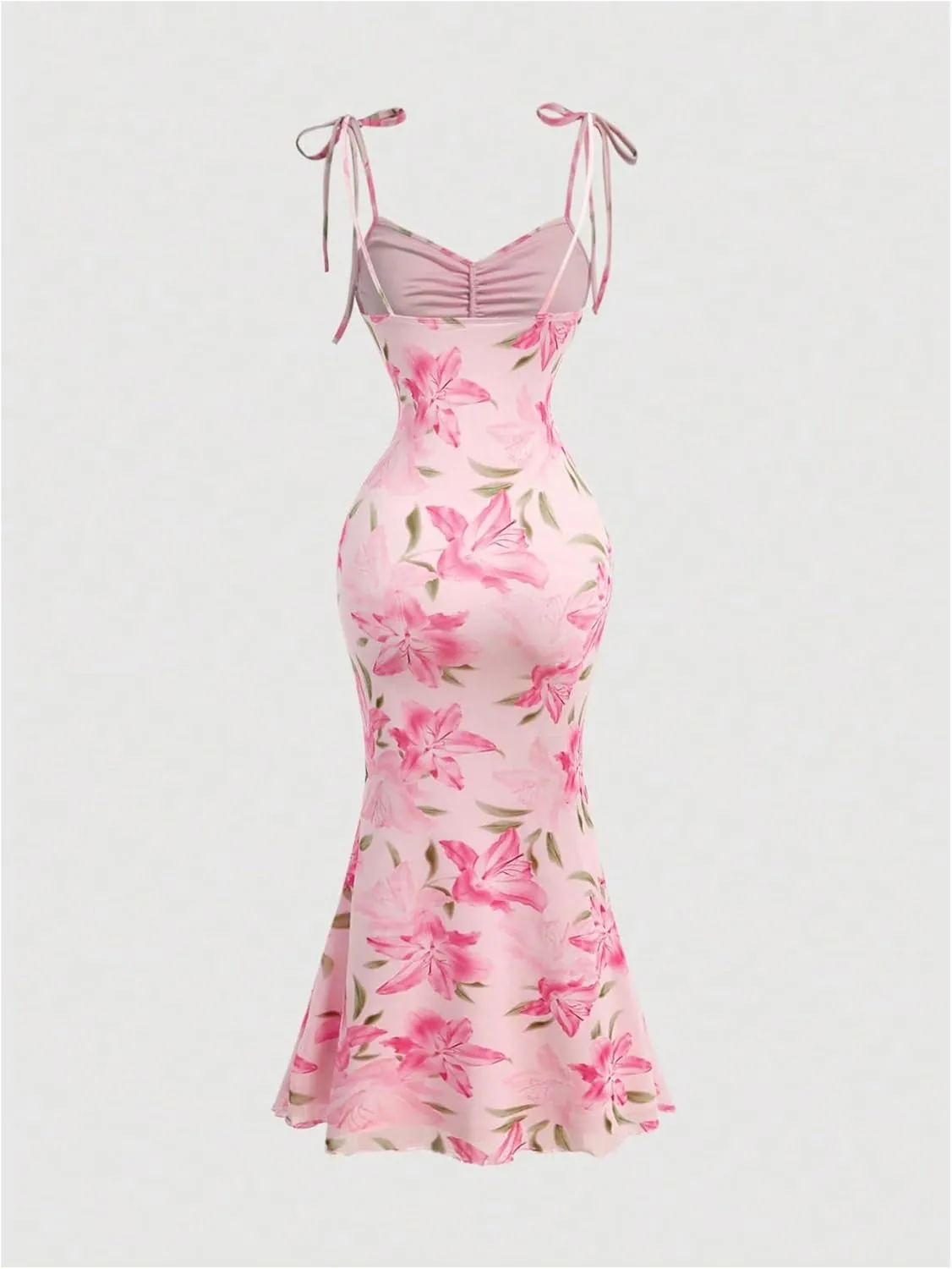 Milumia Women's Floral Tie Knot Mesh Cami Dress Boho Ruched Bust Fishtail Long Dresses
