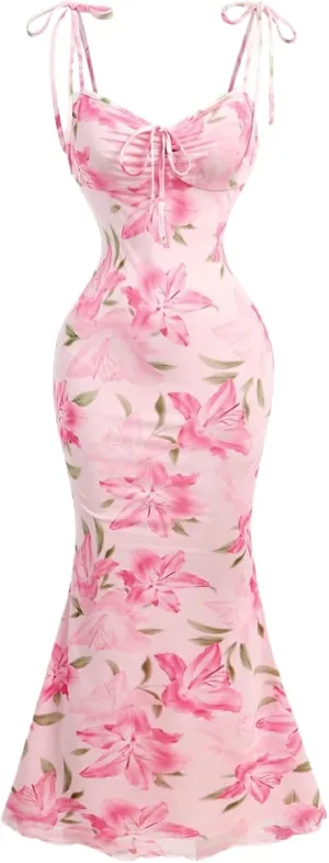 Milumia Women's Floral Tie Knot Mesh Cami Dress Boho Ruched Bust Fishtail Long Dresses