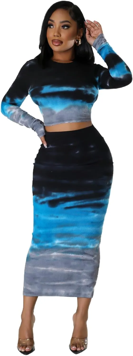 Molilove 2 Piece Outfits For Women Printed Long Sleeve Cropped Top Bodycon High Waist Maxi Skirt Sets Sexy Fall Streetwear