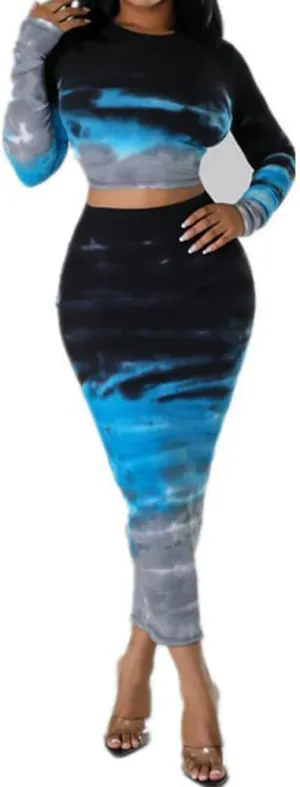 Molilove 2 Piece Outfits For Women Printed Long Sleeve Cropped Top Bodycon High Waist Maxi Skirt Sets Sexy Fall Streetwear