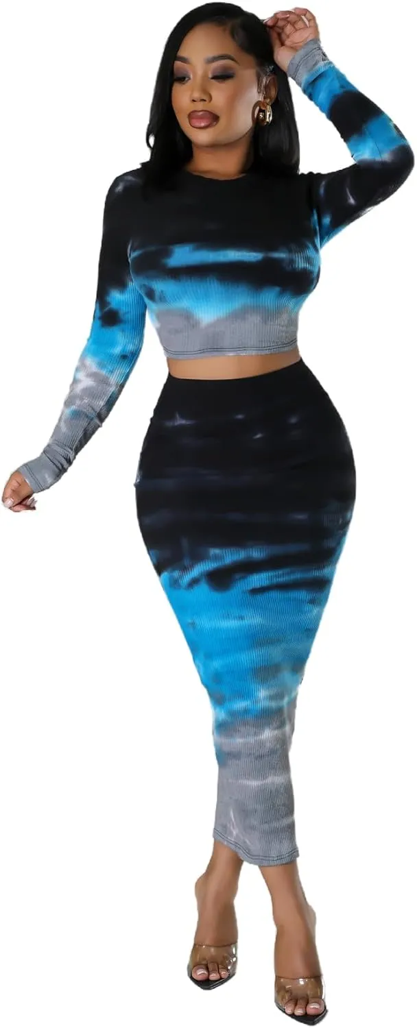 Molilove 2 Piece Outfits For Women Printed Long Sleeve Cropped Top Bodycon High Waist Maxi Skirt Sets Sexy Fall Streetwear