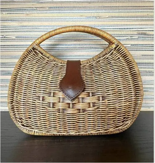 Moon Rattan and Leather Handbag - Bali