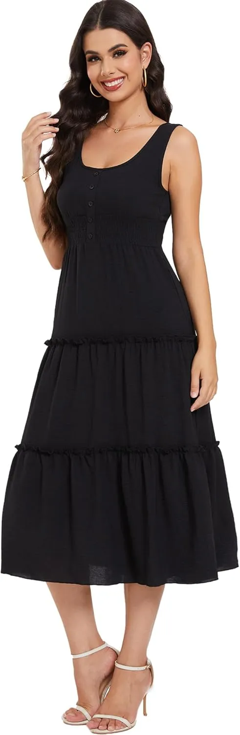 Moss Rose Women Sleeveless Summer Dress U Neck Ruffle Tank A Line Maxi Dresses Beach Sundress