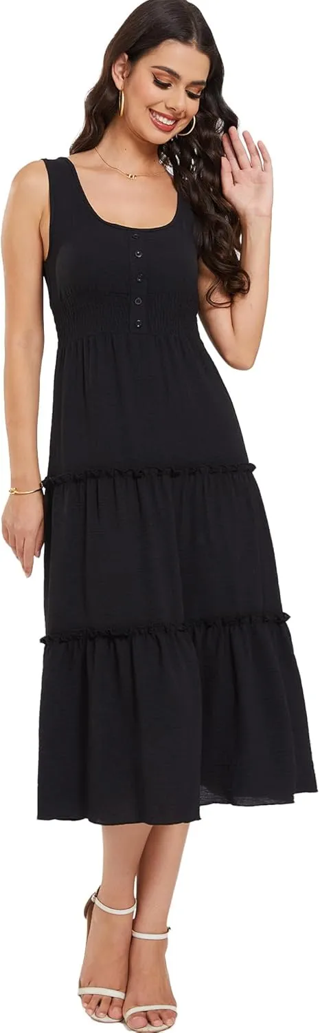Moss Rose Women Sleeveless Summer Dress U Neck Ruffle Tank A Line Maxi Dresses Beach Sundress