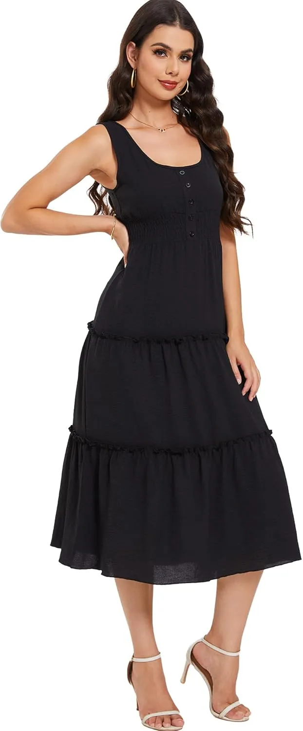 Moss Rose Women Sleeveless Summer Dress U Neck Ruffle Tank A Line Maxi Dresses Beach Sundress