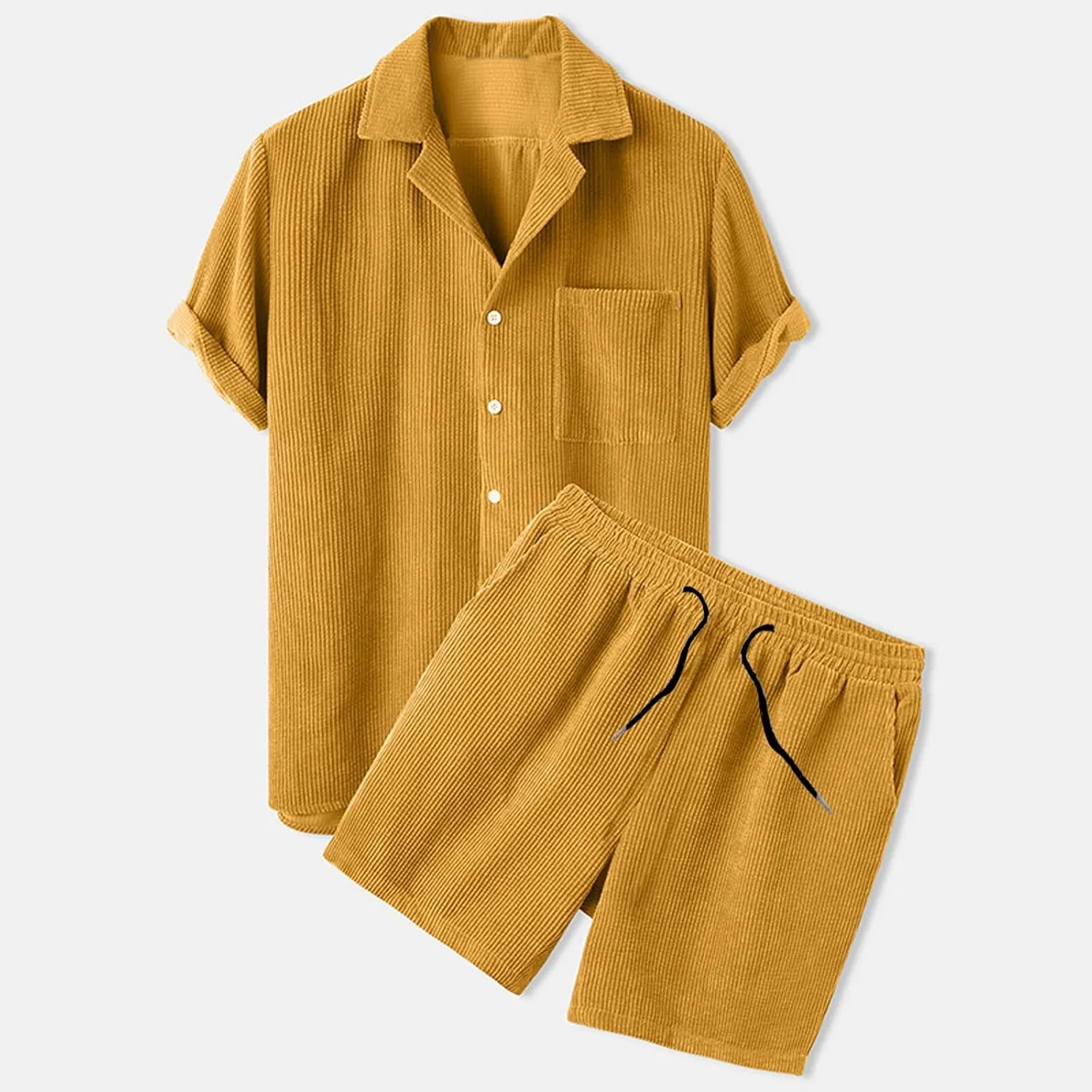 NaRHbrg Men's Casual Corduroy Shirts Sets Short Sleeve Shorts Suit 2-Piece Outfit T-Shirt and Shorts Set Loungewear