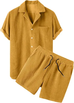 NaRHbrg Men's Casual Corduroy Shirts Sets Short Sleeve Shorts Suit 2-Piece Outfit T-Shirt and Shorts Set Loungewear