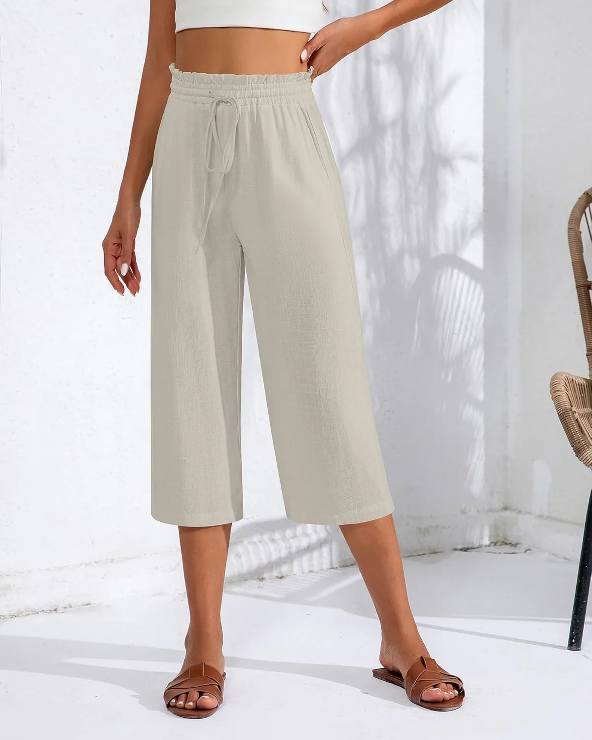 Neer 2 Pcs Women's Linen Wide Leg Capri Pants Beach High Waisted Drawstring Casual Loose Capris Pants with Pockets