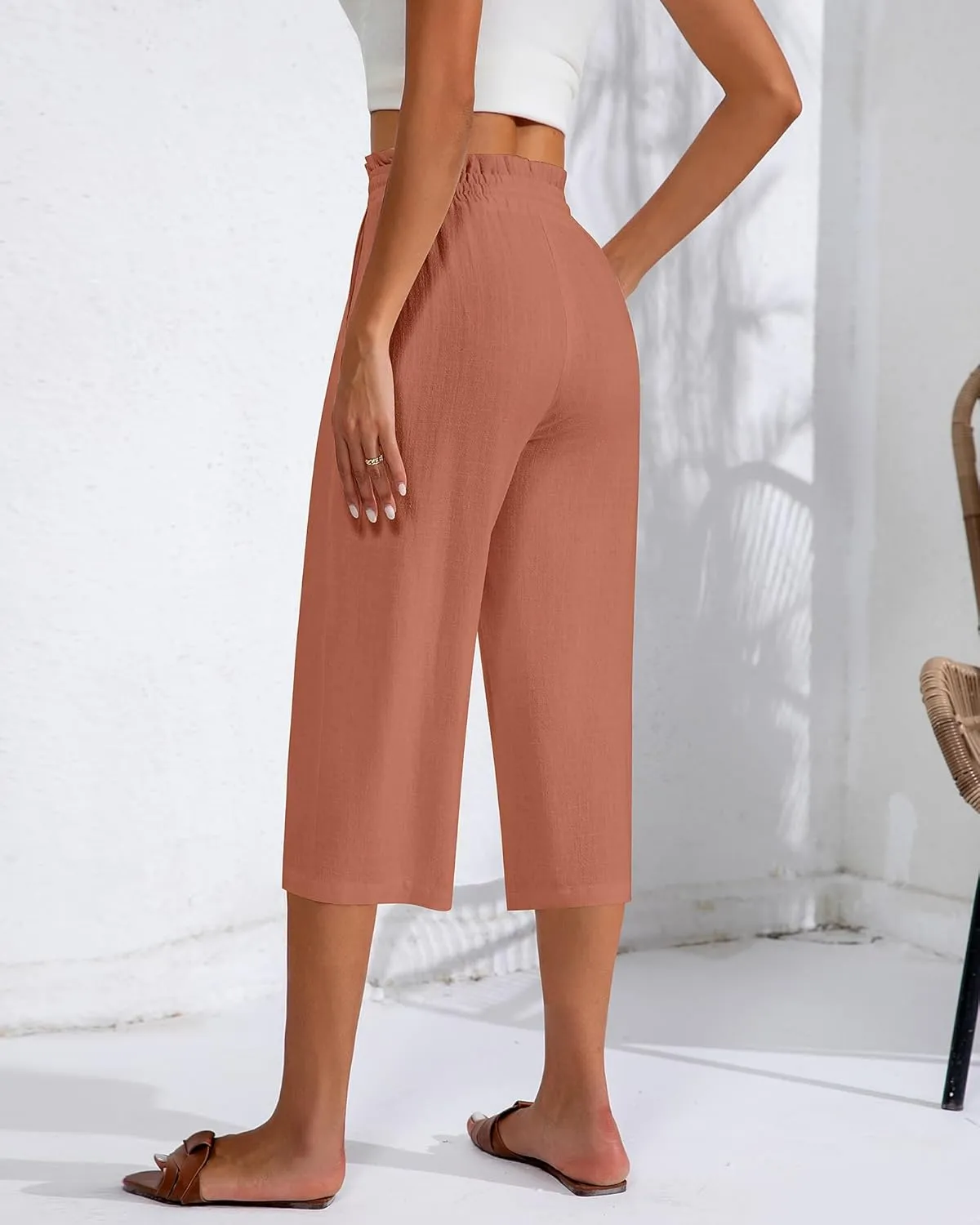 Neer 2 Pcs Women's Linen Wide Leg Capri Pants Beach High Waisted Drawstring Casual Loose Capris Pants with Pockets