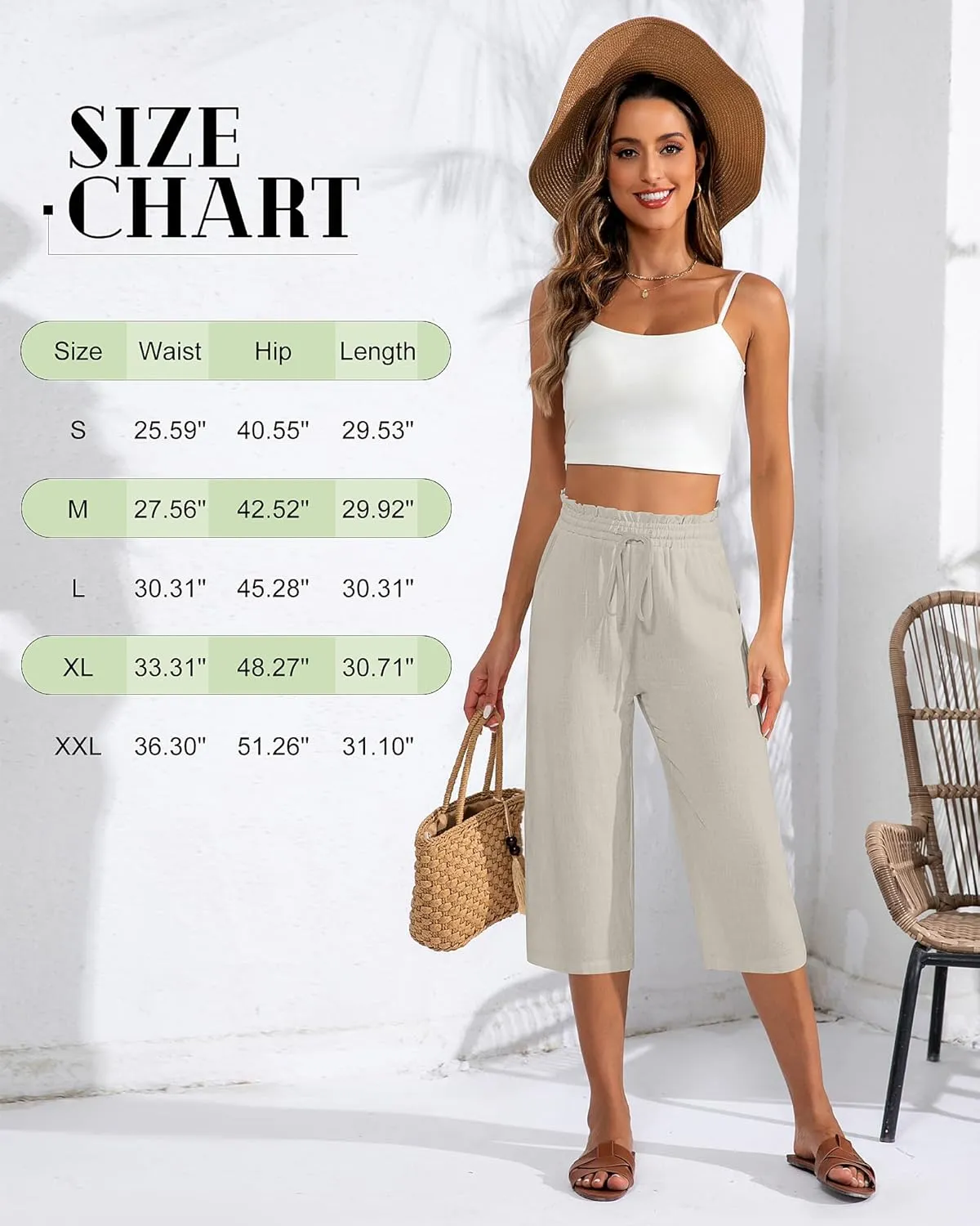 Neer 2 Pcs Women's Linen Wide Leg Capri Pants Beach High Waisted Drawstring Casual Loose Capris Pants with Pockets