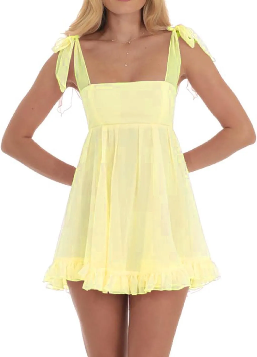 NUFIWI 2025 Bow Tie Graduation Mini Dress for Women Square Neck Tiered Flowy A Line Mini Dresses Sleeveless Flare Sundress