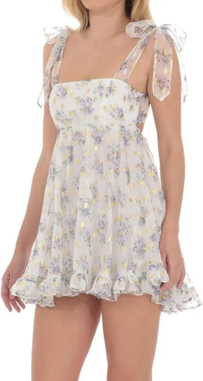 NUFIWI 2025 Bow Tie Graduation Mini Dress for Women Square Neck Tiered Flowy A Line Mini Dresses Sleeveless Flare Sundress