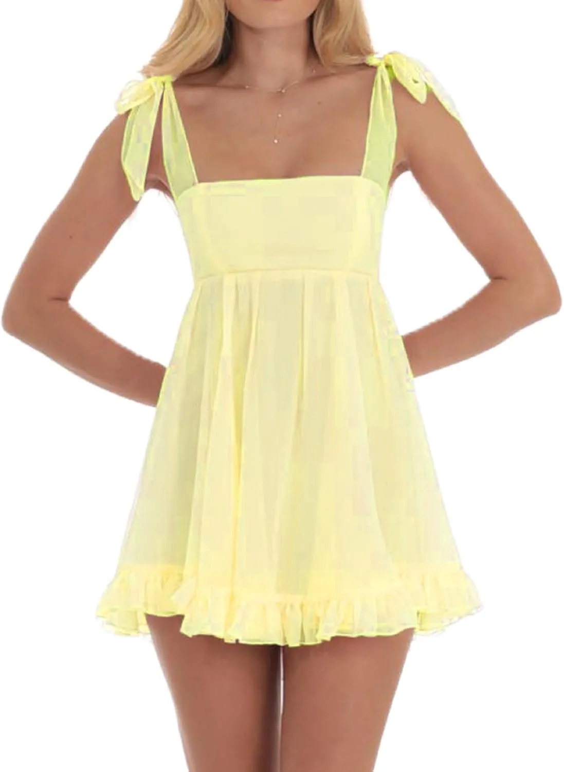NUFIWI 2025 Bow Tie Graduation Mini Dress for Women Square Neck Tiered Flowy A Line Mini Dresses Sleeveless Flare Sundress