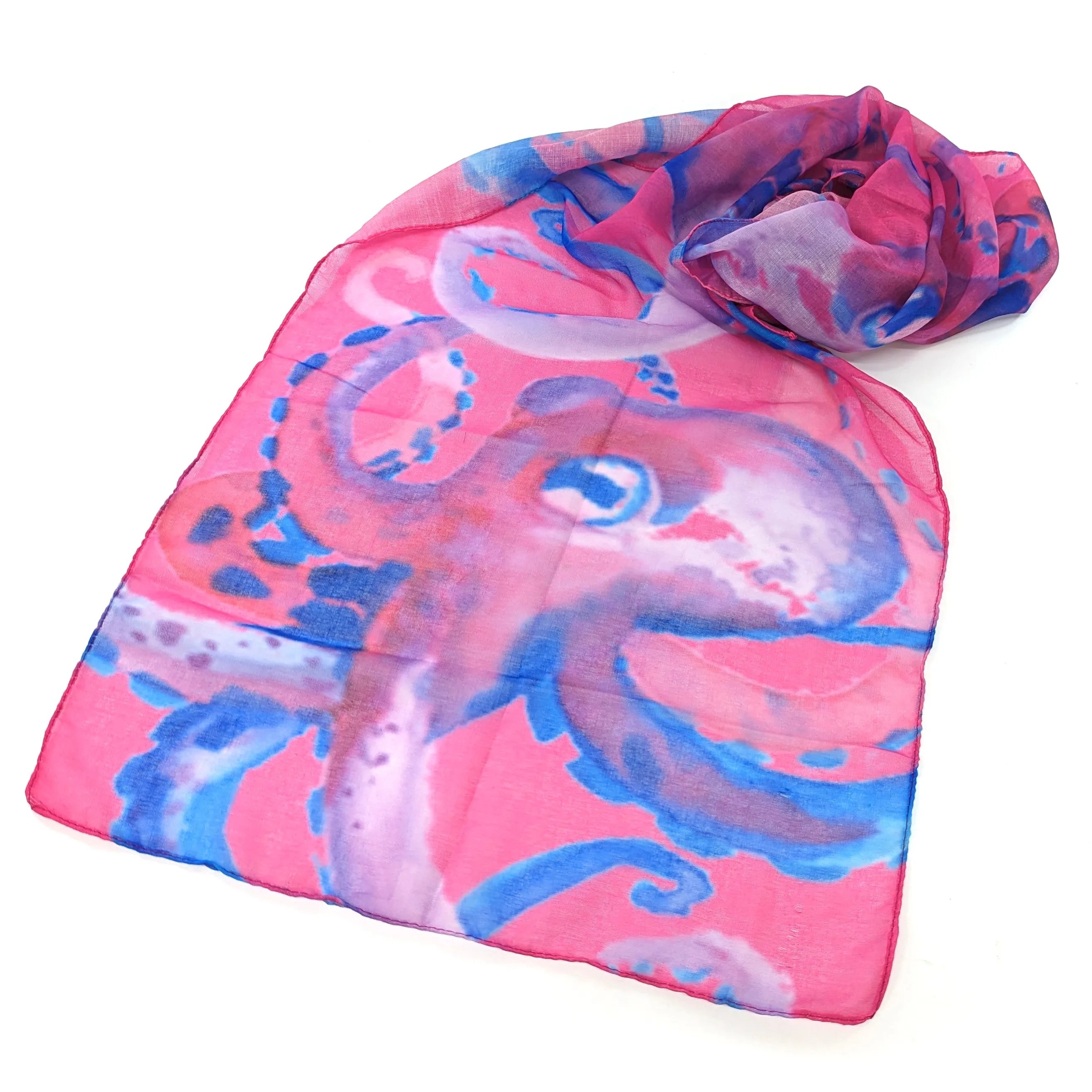 Octavia the Octopus Impressionist Scarf - Soft Polyester, Bright Pink & Blue Design