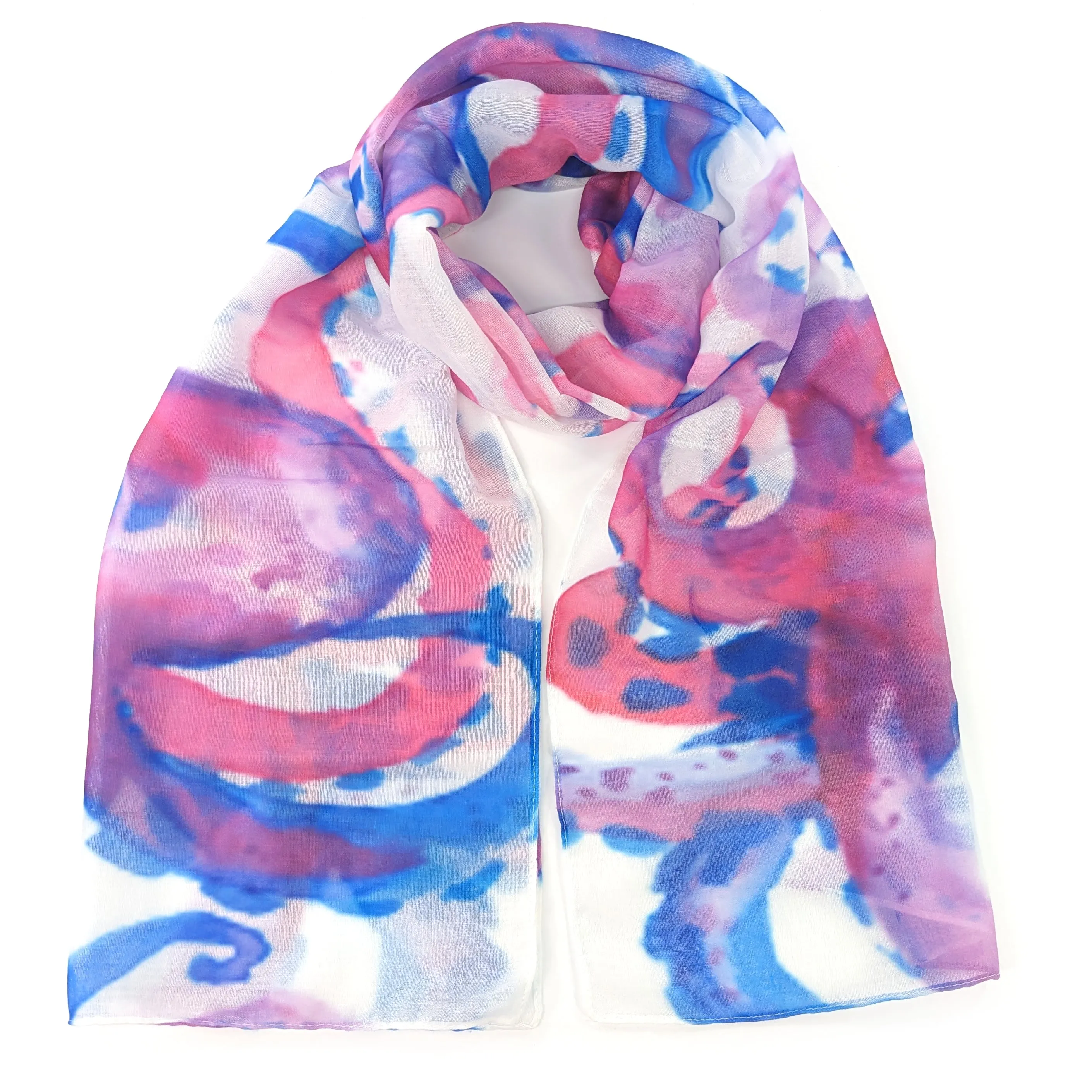 Octavia the Octopus Impressionist Scarf - Soft Polyester, Bright Pink & Blue Design