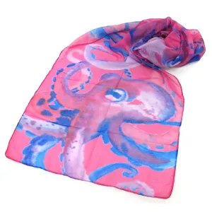 Octavia the Octopus Impressionist Scarf - Soft Polyester, Bright Pink & Blue Design