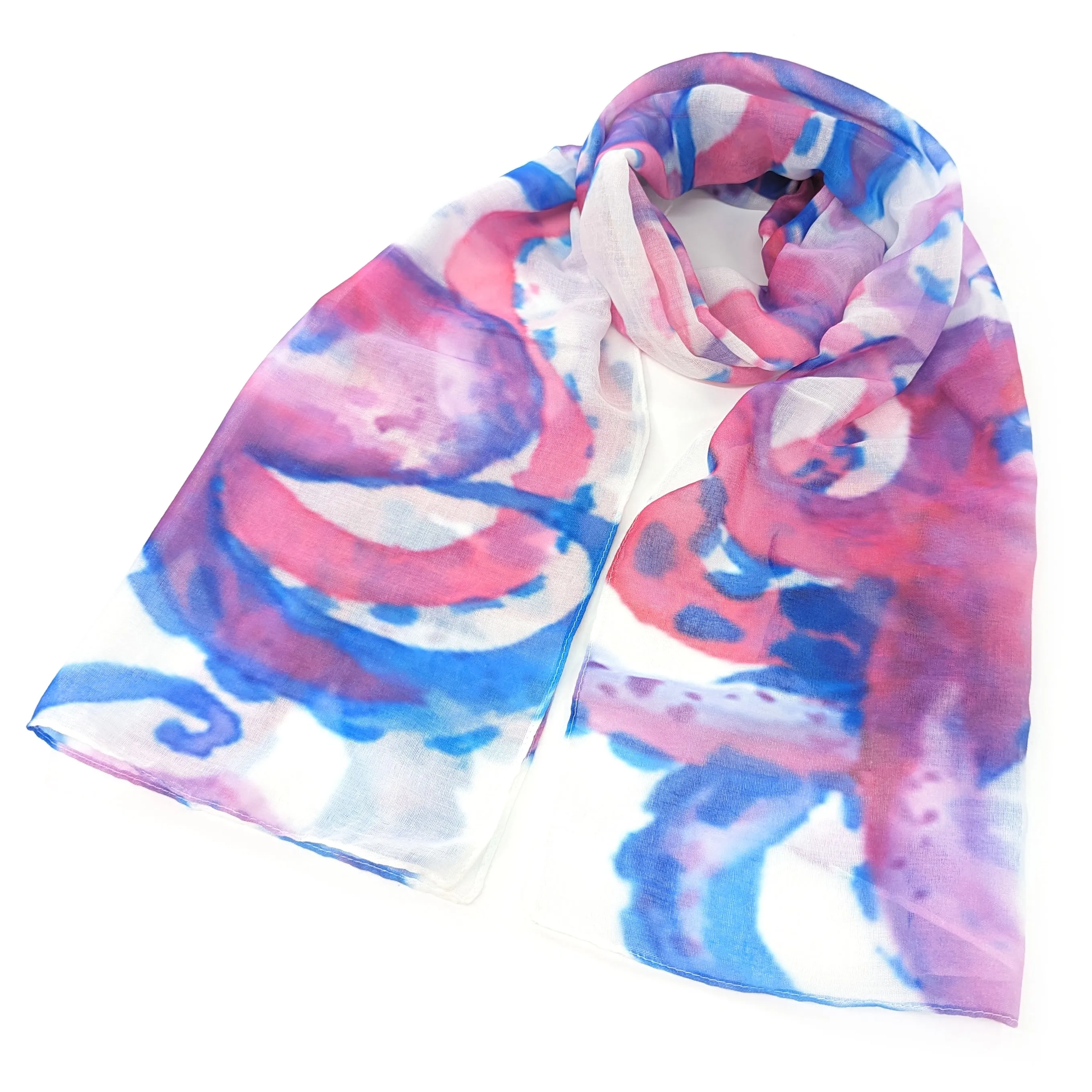 Octavia the Octopus Impressionist Scarf - Soft Polyester, Bright Pink & Blue Design