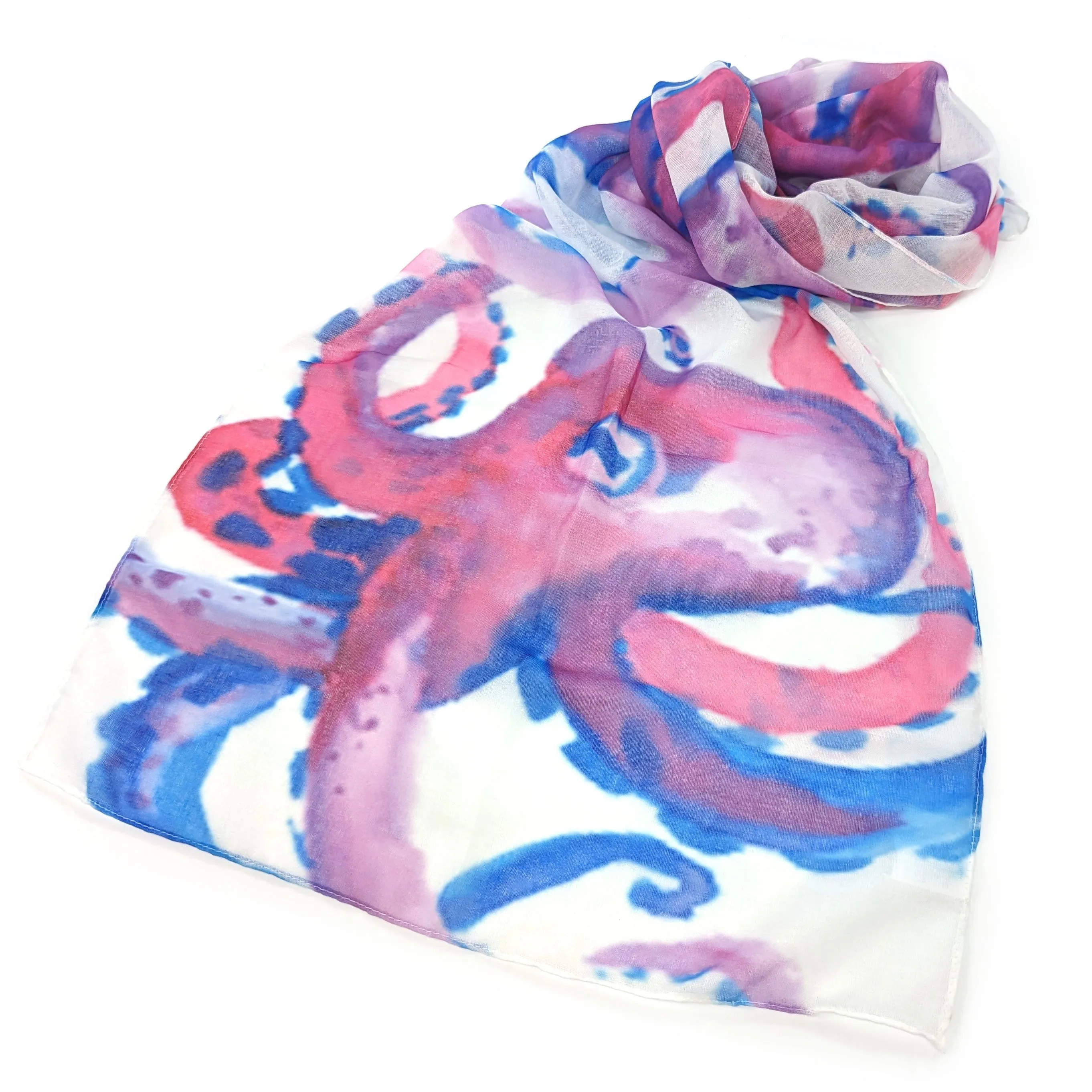 Octavia the Octopus Impressionist Scarf - Soft Polyester, Bright Pink & Blue Design