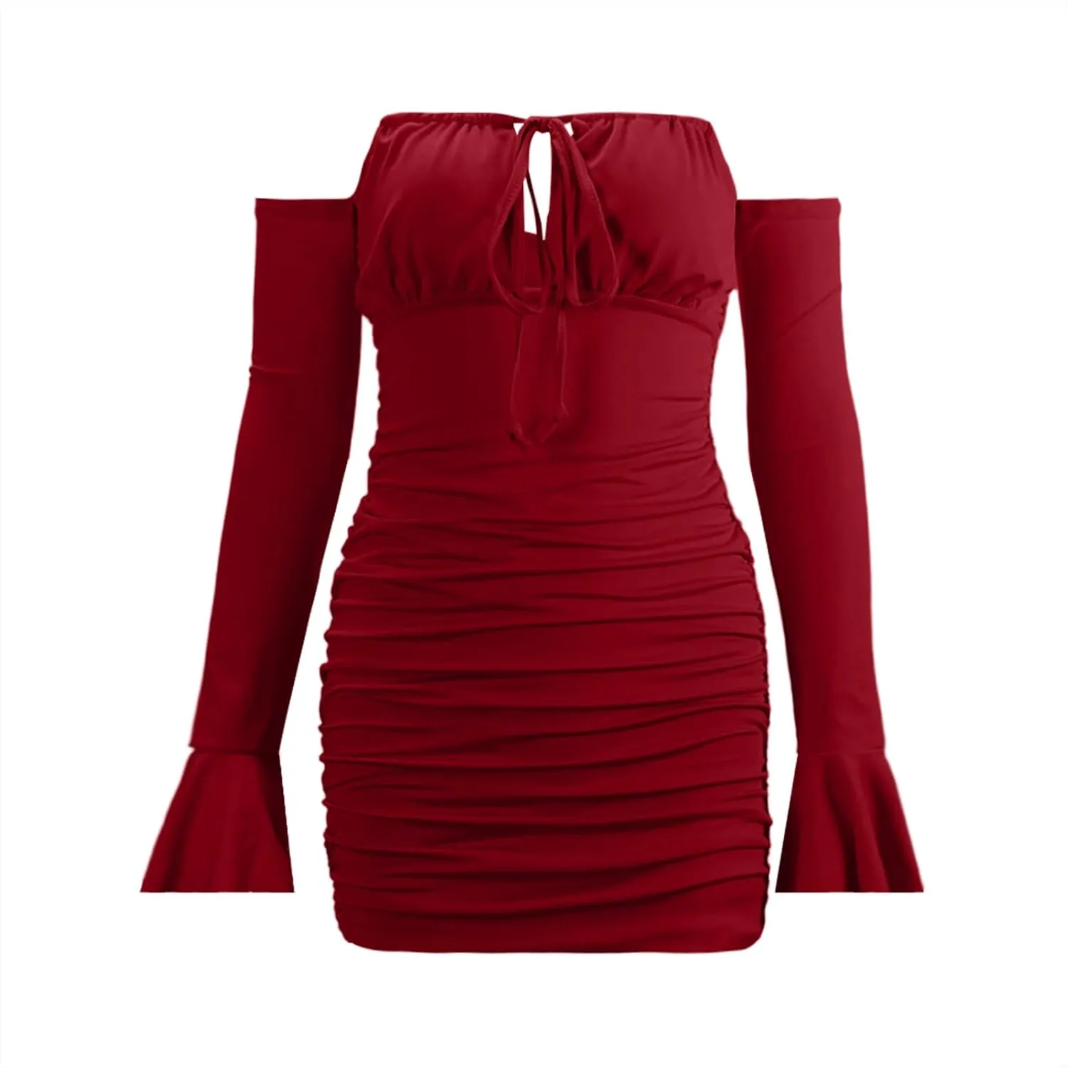 Off Shoulder Dress Women Sexy Bodycon Mini Dress Tie Front Keyhole Ruffle Cuffs Ruched Sheath Bodycon Curvy Slimming