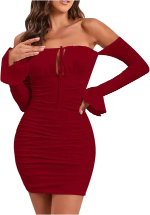 Off Shoulder Dress Women Sexy Bodycon Mini Dress Tie Front Keyhole Ruffle Cuffs Ruched Sheath Bodycon Curvy Slimming