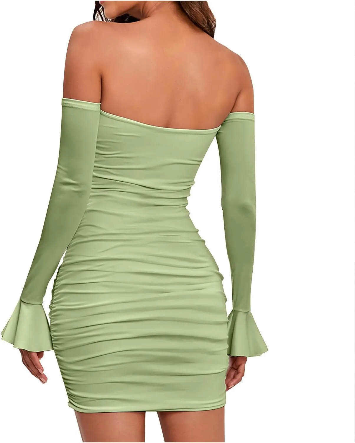 Off Shoulder Dress Women Sexy Bodycon Mini Dress Tie Front Keyhole Ruffle Cuffs Ruched Sheath Bodycon Curvy Slimming