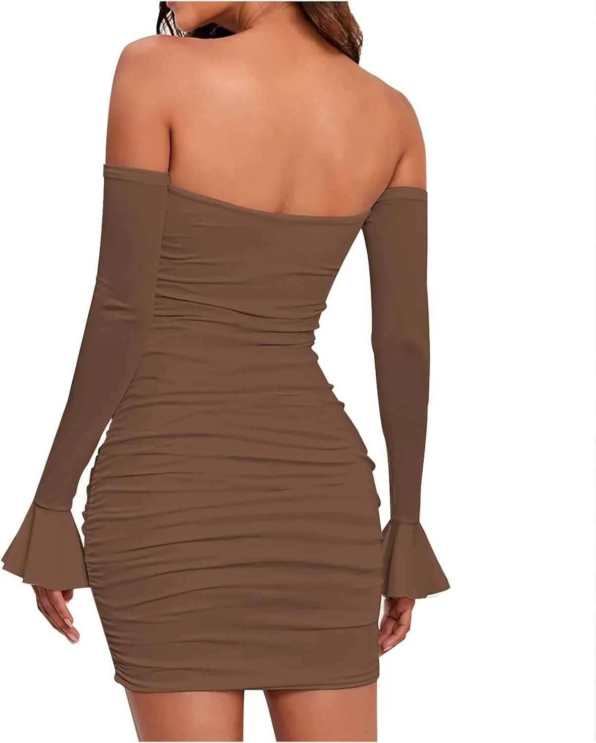 Off Shoulder Dress Women Sexy Bodycon Mini Dress Tie Front Keyhole Ruffle Cuffs Ruched Sheath Bodycon Curvy Slimming