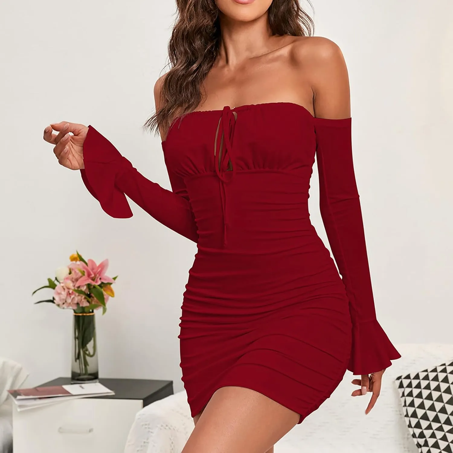 Off Shoulder Dress Women Sexy Bodycon Mini Dress Tie Front Keyhole Ruffle Cuffs Ruched Sheath Bodycon Curvy Slimming