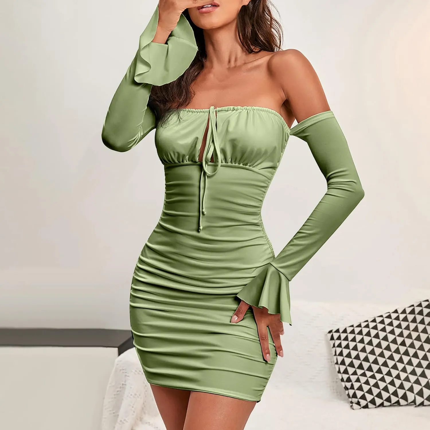 Off Shoulder Dress Women Sexy Bodycon Mini Dress Tie Front Keyhole Ruffle Cuffs Ruched Sheath Bodycon Curvy Slimming