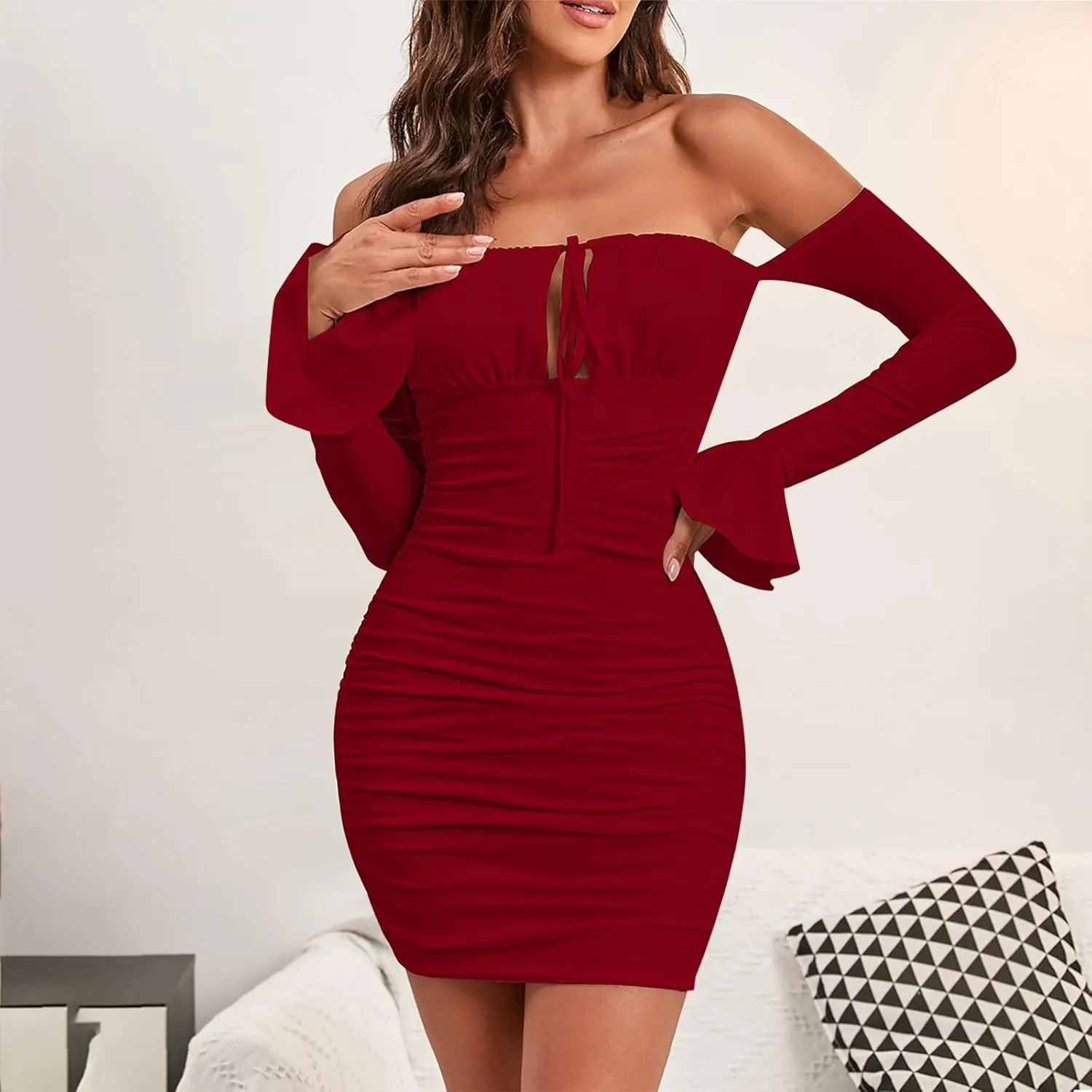 Off Shoulder Dress Women Sexy Bodycon Mini Dress Tie Front Keyhole Ruffle Cuffs Ruched Sheath Bodycon Curvy Slimming