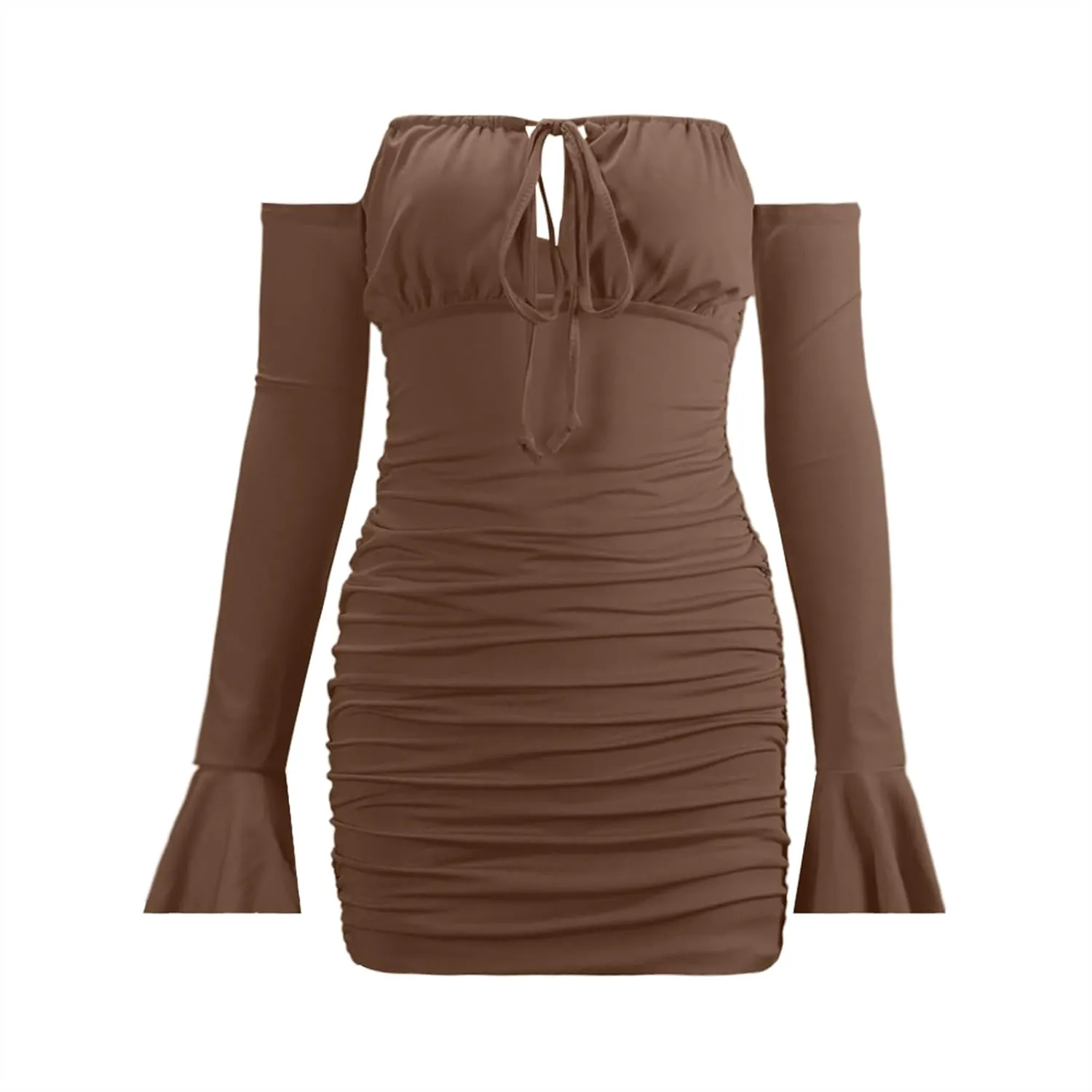 Off Shoulder Dress Women Sexy Bodycon Mini Dress Tie Front Keyhole Ruffle Cuffs Ruched Sheath Bodycon Curvy Slimming