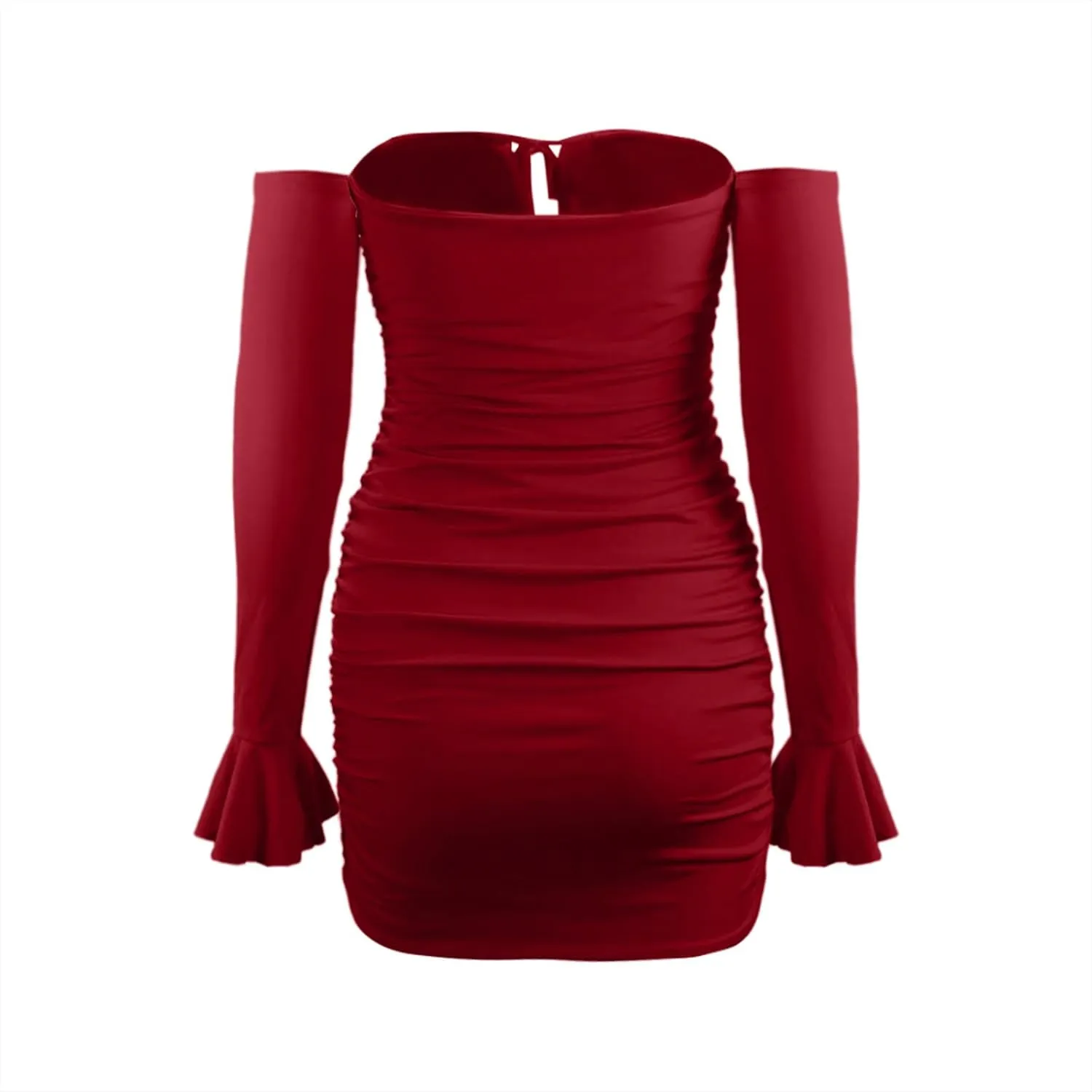 Off Shoulder Dress Women Sexy Bodycon Mini Dress Tie Front Keyhole Ruffle Cuffs Ruched Sheath Bodycon Curvy Slimming