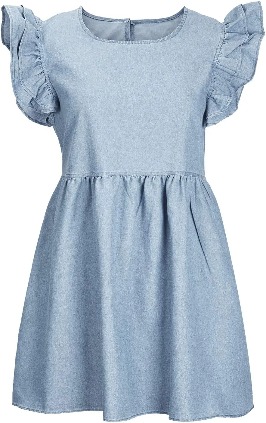 Oplxuo Women's Jean Tank Dresses Summer Crew Neck Ruffle Cap Sleeve Casual Denim Mini Dress Slim A-Line Tunic Babydoll Dress