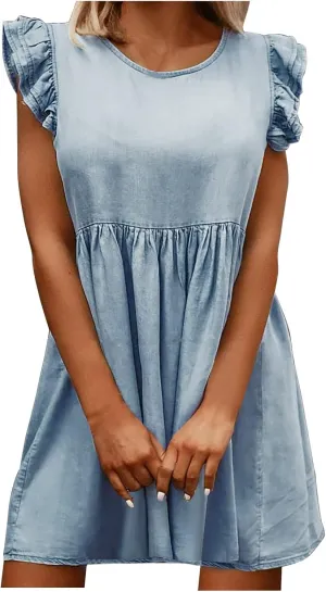 Oplxuo Women's Jean Tank Dresses Summer Crew Neck Ruffle Cap Sleeve Casual Denim Mini Dress Slim A-Line Tunic Babydoll Dress